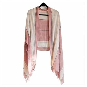 Madewell Silk Blend Pink Cream Striped Fringe Ruana Wrap One Size